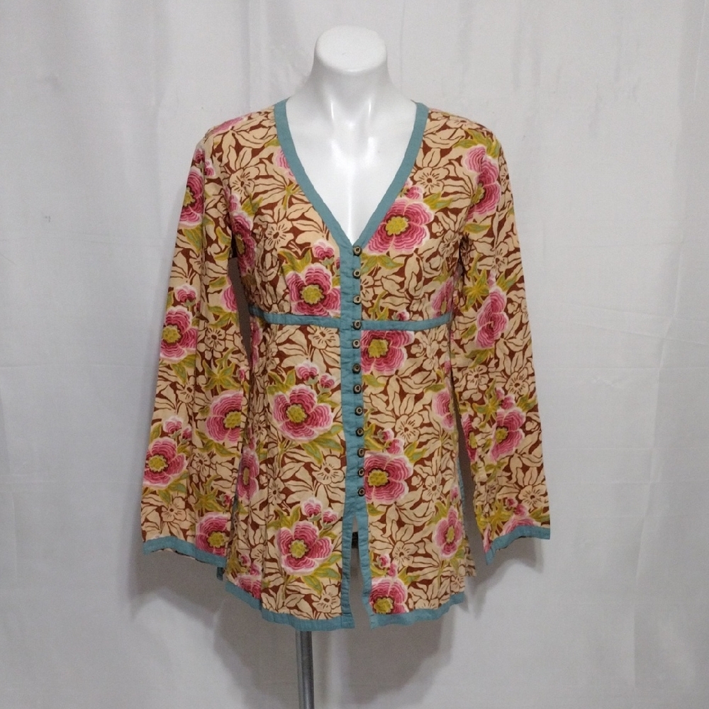 Lucky Brand Floral Button-Down Tunic with Pink and Green